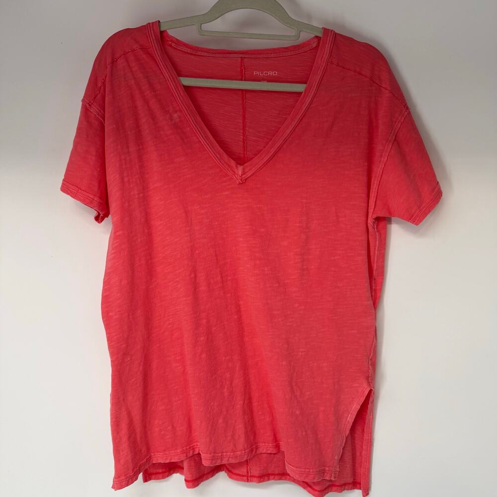 Pilcro by Anthropologie T-Shirt Womens Size XXS Coral Orange Short Sleeve V-Neck
